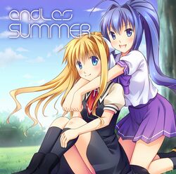  2girls air_(visual_novel) blonde_hair blue_eyes blue_hair cloud commentary_request crossover hakuryou_high_school_uniform hayase_mitsuki hug hug_from_behind kamio_misuzu kimi_ga_nozomu_eien long_hair minakami_nagara multiple_girls ponytail school_uniform sky smile 