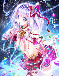  blue_eyes blue_gemstone blush bow braid breasts check_translation commentary_request elbow_gloves female gem gloves green_gemstone hair_intakes hairbow heart holding holding_ribbon keyhole layered_skirt looking_at_viewer mocha_(naturefour) mouth_hold navel photoshop_(medium) purple_hair red_bow red_ribbon red_skirt ribbon ribbon_in_mouth shironeko_project signature skirt small_breasts solo star_(symbol) tina_topia translation_request white_gloves 