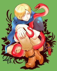  1boy 2013 axis_powers_hetalia blonde_hair boots cape commentary_request finland_(hetalia) full_body male_focus new_year purple_eyes rebasashi smile snake solo 