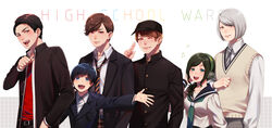  5boys animification bad_id bad_pixiv_id black_hair blazer blue_eyes blue_hair brown_eyes brown_hair earrings female gakuran green_eyes green_hair green_neckerchief grey_eyes grey_hair hammie_(uchuu_sentai_kyuuranger) hat headphones height_difference highres jacket jewelry kisw2010 long_hair lucky_(uchuu_sentai_kyuuranger) multicolored_eyes multiple_boys naga_ray neckerchief necktie one_eye_closed open_mouth piercing red_eyes sakuma_kotarou school_uniform serafuku sidelocks smile spada_(uchuu_sentai_kyuuranger) stinger_(uchuu_sentai_kyuuranger) striped striped_necktie stud_earrings super_sentai sweater_vest uchuu_sentai_kyuuranger 