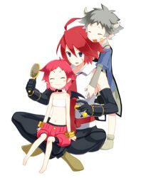  2boys adell_(disgaea) ahoge bad_id bad_pixiv_id bandeau black_eyes black_gloves black_pants brother_and_sister choker closed_eyes crossed_legs demon_boy demon_girl disgaea elbow_gloves female full_body gloves grey_hair hair_bobbles hair_brush hair_down hair_ornament hanako_(disgaea) horns makai_senki_disgaea_2 multiple_boys naako0023 necktie oerba_yun_fang pants pink_hair pink_shorts pointy_ears red_hair shirt shoes short_hair shorts siblings sitting sitting_on_lap sitting_on_person sleeveless sleeveless_shirt smile tabard taro_(disgaea) white_background wings 