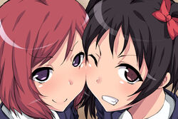  2girls black_hair cheek-to-cheek clenched_teeth commentary_request heads_together love_live! love_live!_school_idol_project multiple_girls natsumyun nishikino_maki purple_eyes red_eyes red_hair short_hair smile teeth twintails yazawa_nico 