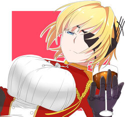  bad_id bad_pixiv_id blonde_hair blue_eyes breasts cup drinking_glass eyepatch female hair_intakes highres large_breasts lulu_heika mechanical_hands prince_of_wales_(mod)_(warship_girls_r) prince_of_wales_(warship_girls_r) short_hair simple_background single_mechanical_hand solo uniform warship_girls_r wine_glass 