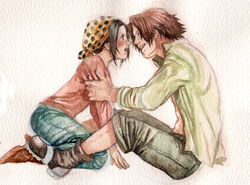  1boy bandana chikama_(minka) female hat kneeling makino_(one_piece) one_piece polka_dot portgas_d_ace sitting smile 