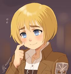  1boy armin_arlert artist_name bad_id bad_pixiv_id belt blonde_hair blue_eyes blush buckle emblem finger_to_face jacket kalechip long_sleeves male_focus paradis_military_uniform shingeki_no_kyojin smile solo thick_eyebrows training_corps_(emblem) upper_body wavy_mouth 