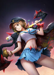  banchou baseball_bat bracelet brass_knuckles breasts cleavage commentary_request delinquent female fooltown jacket jacket_on_shoulders jewelry kill_la_kill large_breasts mankanshoku_mako midriff nail nail_bat navel photoshop_(medium) school_uniform skirt solo spiked_bracelet spikes weapon 