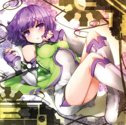  bare_shoulders boots commentary_request detached_sleeves espoir female fingerless_gloves gloves kazetto knee_boots looking_at_viewer lying microphone microphone_stand on_back purple_eyes purple_hair shirt short_hair skirt solo sound_voltex 