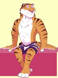  2016 anthro biped bottomwear bulge clothed clothing countershading disney felid fur hi_res male mammal pantherine repzzmonster shorts simple_background sitting smile solo stripper tiger tiger_dancer_(zootopia) topless zootopia zootopia_shorts 