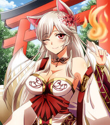  ;) animal_ears blue_sky blush bracelet breasts cleavage closed_mouth collarbone commentary_request day female fire flower flower_knight_girl fox_ears fox_girl fox_tail grey_hair hair_flower hair_ornament higanbana_(flower_knight_girl) highres index_finger_raised jewelry large_breasts lips long_hair looking_at_viewer masako_(sabotage-mode) multiple_tails nail_polish name_connection object_namesake one_eye_closed parted_bangs photoshop_(medium) red_eyes red_flower red_nails sidelocks sky smile solo sparkle spider_lily tail torii tree upper_body wide_sleeves 