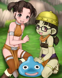  2girls :d armlet bad_id bad_pixiv_id bare_shoulders blush boots bracelet brown_eyes brown_hair character_request colored_skin commentary_request creature dragon_quest dragon_quest_x dwarf_(dq10) e10 glasses grass green_skin hat jewelry looking_at_viewer multiple_girls navel open_mouth photoshop_(medium) plant red_eyes sandals sitting slime_(dragon_quest) smile squatting thighhighs toes wariza yokozuwari 