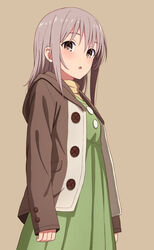  brown_background brown_eyes brown_hair commentary_request dress female highres hood hoodie long_hair looking_at_viewer muranushi_sayuri simple_background solo turtleneck working!! working!!_(web_manga) yahiro_(epicopeiidae) 