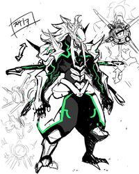  armor blazblue blazblue:_central_fiction commentary_request concept_art evil_grin evil_smile full_body green_eyes grin headgear limited_palette looking_back magatama mori_toshimichi no_humans official_art pauldrons shin_guards shoulder_armor shoulder_spikes sidelocks smile spiked_hair spikes spot_color susanoo_(blazblue) symbol teeth white_background white_hair 