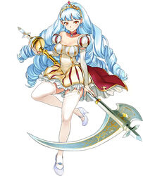  angeline blue_hair breasts bridal_gauntlets choker cleavage drill_hair earrings female garter_straps holding holding_weapon jewelry large_breasts light_blue_hair long_hair long_sleeves looking_at_viewer official_art orange_eyes photoshop_(medium) puffy_sleeves sameda_koban scythe sennen_sensou_aigis skirt smile solo thighhighs weapon white_thighhighs 