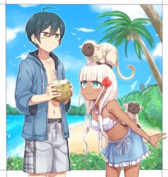  1boy ahoge animal beach bead_necklace beads bikini bikini_top_only black_hair blue_eyes blush bra coconut coconut_tree commentary_request danganronpa_(series) danganronpa_v3:_killing_harmony day drinking_straw female flower front-tie_bikini_top front-tie_top fruit_cup hair_flower hair_ornament jewelry long_hair miniskirt monkey navel navel_piercing necklace no_shirt open_clothes outdoors palm_tree piercing saihara_shuichi short_hair skirt smile sumimoto_ryuu swimsuit tree twintails underwear yellow_eyes yonaga_angie 