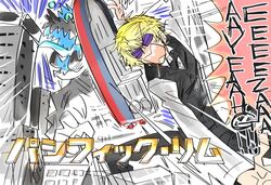  1boy blonde_hair bow bowtie commentary_request crossover durarara!! english_text g=hikorou glasses heiwajima_shizuo kaijuu oil_tanker otachi pacific_rim short_hair sunglasses tanker_(ship) vest 