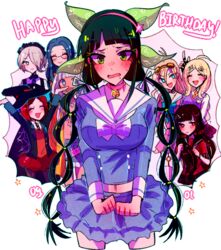  8girls akamatsu_kaede bell_collar belly black_hair black_hat blue_eyes blue_hair blush chabashira_tenko choker closed_eyes danganronpa dress eyewear glasses green_eyes group hair_ornament harukawa_maki hat headdress huyandere iruma_miu jacket long_hair maid maid_headdress midriff miniskirt musical_note_hair_ornament necktie new_danganronpa_v3 pantyhose red_hair school_uniform shirogane_tsumugi short_hair silver_hair skirt sweater sweater_vest tie tied_hair toujou_kirumi twintails uniform witch_hat yonaga_angie yumeno_himiko 