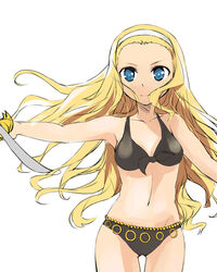  anlucea bad_id bad_pixiv_id bikini black_bikini blonde_hair blue_eyes commentary_request dragon_quest dragon_quest_x female long_hair photoshop_(medium) solo swimsuit sword weapon yuu_(kfc) 