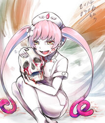  bad_id bad_pixiv_id blood blood_on_face blush borrowed_character bottomless buttons colored_skin ebola-chan female flower hair_flower hair_ornament hat holding legs_together long_hair nurse nurse_cap oerba_yun_fang open_mouth original pale_skin personification pink_hair pointy_ears roro_(qualitynine) short_sleeves sitting skull socks solo twintails very_long_hair white_skin yellow_eyes 