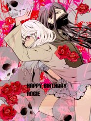  1boy bikini_top black_hair danganronpa dark_skin duo female flower jacket long_hair mask new_danganronpa_v3 shinguuji_korekiyo silver_hair skull swimsuit tied_hair twintails uniform yellow_jacket yonaga_angie 