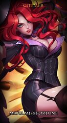  alternate_costume artist_name belt black_panties black_thighhighs breasts bullet buttons character_name choker citemer cleavage commentary crime_city_miss_fortune double-breasted female garter_straps hat large_breasts league_of_legends long_hair looking_at_viewer miniskirt miss_fortune_(league_of_legends) motion_blur panties pencil_skirt photoshop_(medium) red_hair skirt solo stairs thighhighs underwear upskirt 