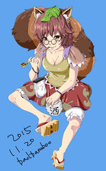  animal_ears badbamboo bloomers breasts brown_eyes brown_hair cleavage commentary_request dated female futatsuiwa_mamizou geta glasses gourd highres holding holding_smoking_pipe kiseru leaf leaf_on_head medium_breasts notepad photoshop_(medium) raccoon_ears raccoon_tail sitting smile smoking_pipe solo tail tokkuri touhou underwear 