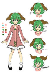  +++ :t ^^^ anger_vein angry animal_ears blush closed_eyes color_guide commentary_request dress expressions female green_eyes green_hair heart_sutra highres kasodani_kyouko multiple_views o_o oerba_yun_fang open_mouth reference_sheet shinomiya_naka short_hair skirt smile surprised tail tareme tears touhou translated 