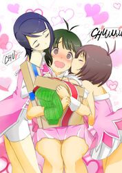  1boy 2girls akizuki_ryo antenna_hair bare_shoulders blue_hair blush brown_eyes brown_hair closed_eyes commentary_request crossdressing cute_&amp;_girly_(idolmaster) dearly_stars_(idolmaster) double_cheek_kiss gift girl_sandwich hair_ornament hairclip hidaka_ai hug idolmaster idolmaster_dearly_stars kissing kissing_cheek mizutani_eri multiple_girls namidate open_mouth otoko_no_ko romaji_text sandwiched scarf short_hair skirt straight tears wavy_mouth 