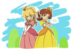  2girls blonde_hair brown_hair cloud commentary_request crossed_arms crown dress earrings elbow_gloves flower flower_earrings gloves green_eyes hair_flower hair_ornament jewelry long_dress mario_(series) multiple_girls oto pink_dress ponytail princess_daisy princess_peach smile white_gloves yellow_dress 