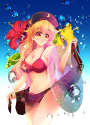  air_bubble alternate_costume bare_arms bare_shoulders bikini black_hat blonde_hair blue_background blue_innertube blush breasts bubble cleavage commentary_request cowboy_shot crescent female flower gradient_background hair_between_eyes hat hibiscus highres innertube junko_(touhou) large_breasts leaf long_hair looking_to_the_side multicolored_eyes photoshop_(medium) red_bikini red_eyes red_flower sarong solo stomach swim_ring swimsuit touhou usuusu very_long_hair wavy_hair white_background yellow_eyes yellow_flower 