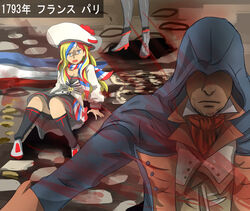  1boy arno_dorian assassin&#039;s_creed:_unity assassin&#039;s_creed_(series) beret blonde_hair blood blood_splatter blue_eyes character_request commandant_teste_(kancolle) commentary crossover female french_flag hat hood kantai_collection kneehighs knees_together_feet_apart long_hair multicolored_hair nervous_sweating on_ground pitcairn_meusel scarf shaded_face sitting skirt socks sweat trait_connection translated 