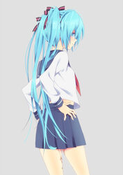  bad_id bad_pixiv_id blood blue_eyes blue_hair breasts cowboy_shot female from_side fukagawa_kazumi grey_background hair_ribbon hands_on_own_hips hatsune_miku long_hair long_sleeves menstruation midriff_peek neckerchief pleated_skirt profile ribbon school_uniform serafuku shirt simple_background skirt sleeve_cuffs small_breasts solo standing twintails very_long_hair vocaloid 