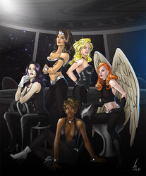  2010 5girls amazon ankle_boots bangle bare_shoulders belt black_canary black_gloves black_hair black_pants black_shirt blonde_hair boots bracelet breasts chair choker cleavage dark_skin dated dc_comics earrings feathered_wings gloves hawkgirl helmet high_heel_boots high_heels jewelry justice_league lipstick makeup mari_jiwe_mccabe midriff multiple_girls necklace orange_hair pants purple_hair shirt sitting space star stars vambraces vixen_(dc) white_gloves wings wonder_woman wonder_woman_(series) zatanna_zatara 