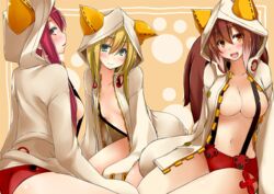  3girls :d animal_hood aqua_eyes blazblue blonde_hair blush breasts brown_hair commentary_request cosplay dd_mayohara flat_chest hair_between_eyes hood large_breasts long_hair looking_at_viewer makoto_nanaya multiple_girls navel noel_vermillion open_mouth orange_eyes pink_hair red_eyes smile squirrel_girl tail taokaka taokaka_(cosplay) tsubaki_yayoi 