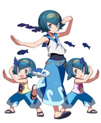  3girls arms_up baggy_pants blue_eyes blue_hair blue_sailor_collar bright_pupils capri_pants commentary_request fish hairband harper_(pokemon) lana_(pokemon) legs_apart looking_at_viewer multiple_girls one-piece_swimsuit pants pokemon pokemon_(anime) pokemon_(creature) pokemon_sm_(anime) sailor_collar sandals sarah_(pokemon) school_swimsuit short_hair siblings simple_background sisters sleeveless smile swimsuit swimsuit_under_clothes tonami_kanji twins water white_background wishiwashi wishiwashi_(school) wishiwashi_(solo) 