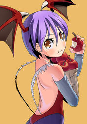  apples bat_wings capcom eating female food head_wings lilith_aensland pantyhose purple_hair short_hair solo vampire_(game) 