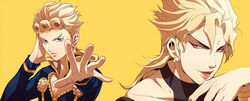  2boys bad_id bad_pixiv_id blonde_hair blue_eyes commentary_request dio_brando earrings father_and_son giorno_giovanna jewelry jojo_no_kimyou_na_bouken lipstick makeup multiple_boys red_eyes stardust_crusaders tazawa_(odamura) vento_aureo yellow_background 