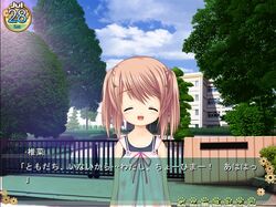  :d arizuki_shiina brown_hair closed_eyes dialogue_box dress female game_cg hair_ornament hairclip kud_wafter little_busters! lolicon na-ga open_mouth outdoors quad_tails school_swimsuit short_hair smile solo swimsuit swimsuit_under_clothes translated 