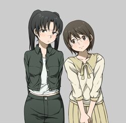  2girls amasawa_yuuko black_hair brown_eyes brown_hair commentary_request dennou_coil glasses jacket multiple_girls okonogi_yuuko pencil_skirt sayuka short_hair simple_background skirt twintails 