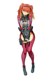  bertha_bernstein blonde_hair bodysuit female full_body gloves gradient_hair hairband holster long_hair looking_at_viewer multicolored_hair oerba_yun_fang official_art own_hands_together photoshop_(medium) red_hair solo strap_pull super_robot_wars super_robot_wars_x-omega thigh_holster twintails v_arms watanabe_wataru_(character_designer) 