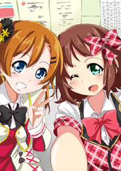  2girls amami_haruka blue_eyes bow brown_hair commentary_request crossover green_eyes grin hairbow hat idolmaster idolmaster_(classic) kosaka_honoka love_live! love_live!_school_idol_project mini_hat mini_top_hat multiple_girls nakamura_eriko nitta_emi one_eye_closed plaid plaid_bow reaching reaching_towards_viewer ribbon selfie short_hair smile sore_wa_bokutachi_no_kiseki top_hat trait_connection tsukasa_0913 v voice_actor_connection 