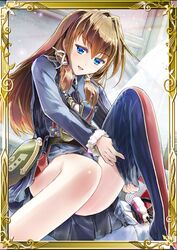  blue_eyes brown_hair carisa_contzen dressing ein_(long_cake) female hair_ornament indoors long_hair lowres military military_uniform open_mouth pleated_skirt senjou_no_valkyria_(series) senjou_no_valkyria_3 sitting skirt solo thighhighs uniform 