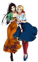  2girls 4-fingers_heart_hands alternate_costume battle_tendency black_footwear black_hair black_legwear blonde_hair blue_eyes blue_shirt blue_skirt bracelet breasts cleavage collarbone commentary_request contrapposto cropped_jacket dress earrings floral_print flower full_body green_jacket hair_flower hair_ornament hairband happy heart heart_hands heart_hands_duo high_heels highres jacket jewelry jojo_no_kimyou_na_bouken kabane_(follabi) lily_(flower) lipstick lisa_lisa long_dress long_hair looking_at_viewer makeup mature_female medium_breasts multiple_girls nail_polish open_mouth orange_dress orange_nails pantyhose polka_dot polka_dot_legwear red_flower red_legwear red_lips red_rose rose shirt shoes simple_background skirt skirt_tug smile standing standing_on_one_leg suzi_q white_background 