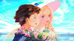  2girls anna_(omoide_no_marnie) bird blonde_hair blue_eyes blue_sky bouquet brown_hair cloud commentary day flower from_side happy hat lake marnie_(omoide_no_marnie) multiple_girls omoide_no_marnie outdoors parted_lips pink_lips rojo0110 short_hair signature sky smile sun_hat upper_body very_short_hair 