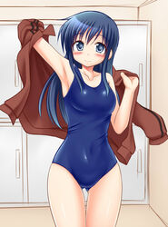  armpits black_hair blue_eyes commentary_request female hidamari_sketch jacket long_hair mole mole_under_mouth nakayama_(hidamari_sketch) one-piece_swimsuit school_swimsuit solo swimsuit track_jacket utomo v 