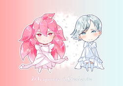  2others androgynous blush character_name chibi commentary_request goshenite_(houseki_no_kuni) grey_hair hmniao houseki_no_kuni long_hair morganite_(houseki_no_kuni) multiple_others other_focus pajamas photoshop_(medium) pink_eyes pink_hair short_hair smile 