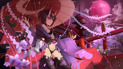  blunt_bangs blurry blurry_foreground bzerox cherry_blossoms closed_mouth commentary_request cowboy_shot depth_of_field fate/grand_order fate_(series) female flower full_moon glowing glowing_eyes highres horns japanese_clothes kimono looking_at_viewer moon navel night obi off_shoulder oil-paper_umbrella oni outdoors partial_commentary purple_eyes purple_hair purple_kimono revealing_clothes sash short_eyebrows short_hair shuten_douji_(fate) skin-covered_horns solo standing thighhighs umbrella 