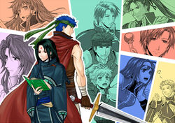  back-to-back bandana bare_shoulders black_hair blue_eyes blue_hair book boyd_(fire_emblem) cape closed_eyes commentary_request facial_mark fire_emblem fire_emblem:_path_of_radiance fire_emblem:_radiant_dawn forehead_mark gatrie_(fire_emblem) gloves headband ike_(fire_emblem) long_hair long_sleeves looking_to_the_side mia_(fire_emblem) mist_(fire_emblem) muscular open_mouth oscar_(fire_emblem) reading red_eyes rhys_(fire_emblem) riyan robe rolf_(fire_emblem) shinon_(fire_emblem) smile soren_(fire_emblem) sword titania_(fire_emblem) weapon 