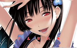  :d arms_up black_hair blush bush close-up female flower hair_flower hair_ornament hattori_mitsuru highres long_hair open_mouth photoshop_(medium) red_eyes sanka_rea sankarea simple_background smile solo 