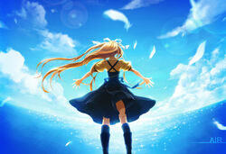  air_(visual_novel) blonde_hair boots commentary_request feathers female from_behind kamio_misuzu long_hair momopanda outstretched_arms photoshop_(medium) school_uniform spread_arms very_long_hair 