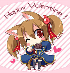  animal_ears blush_stickers brown_hair cat_ears cat_girl chibi chocolate commentary_request female happy_valentine heart one_eye_closed red_eyes short_hair short_twintails silica silica_(sao-alo) sword_art_online tail thighhighs tougo twintails valentine 